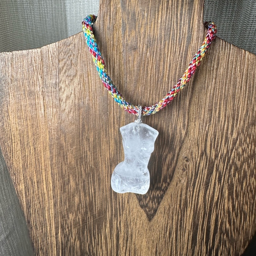 Clear Quartz Lady Body Carving Pendant Necklace on Multicolor Rope, Silver Bail - Picture 5 of 14